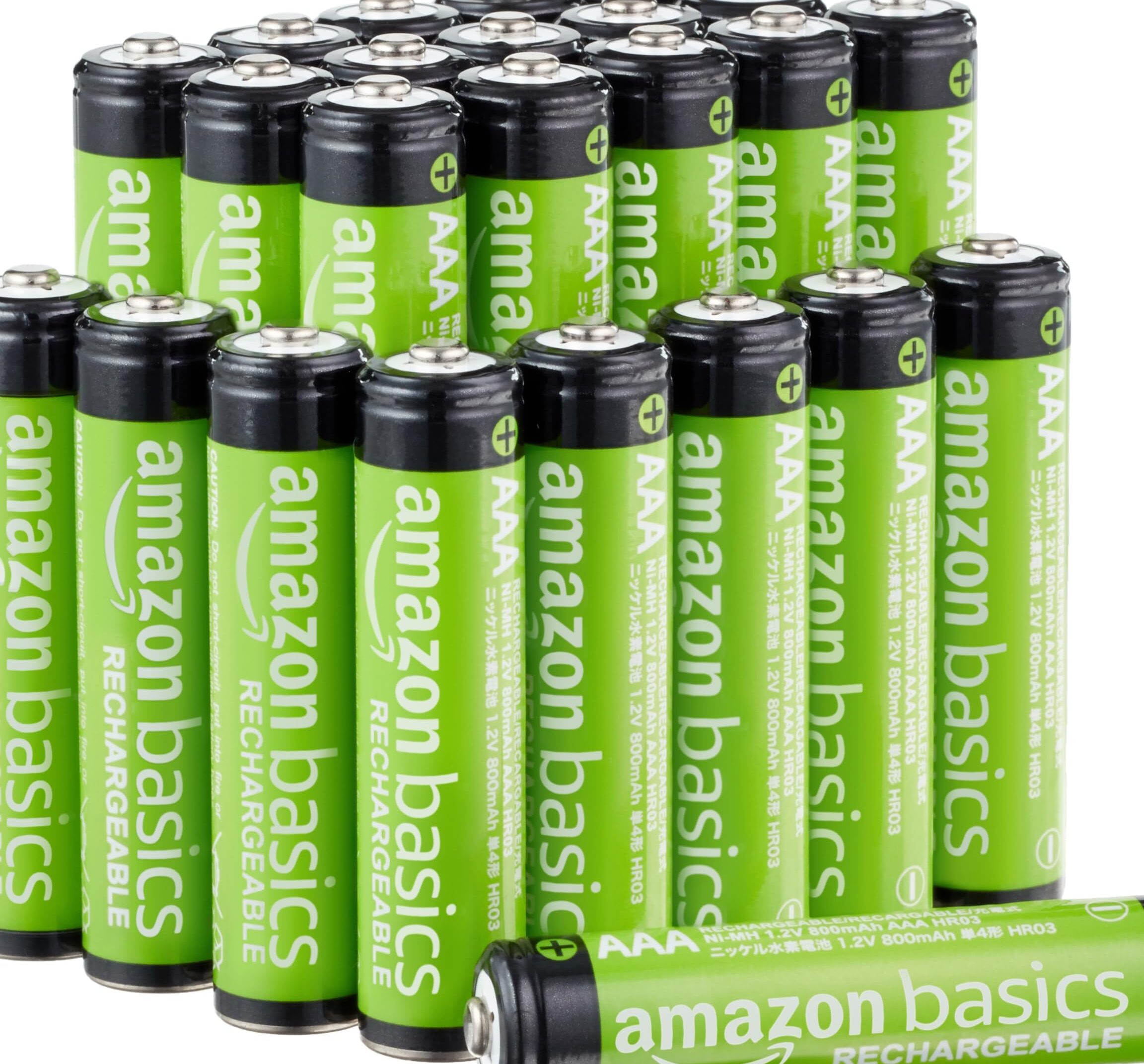 Amazon Basics Paquete de 24 baterías recargables AAA NiMH de alto rendimiento, 800 mAh, recarga hasta 1000 veces, precargadas